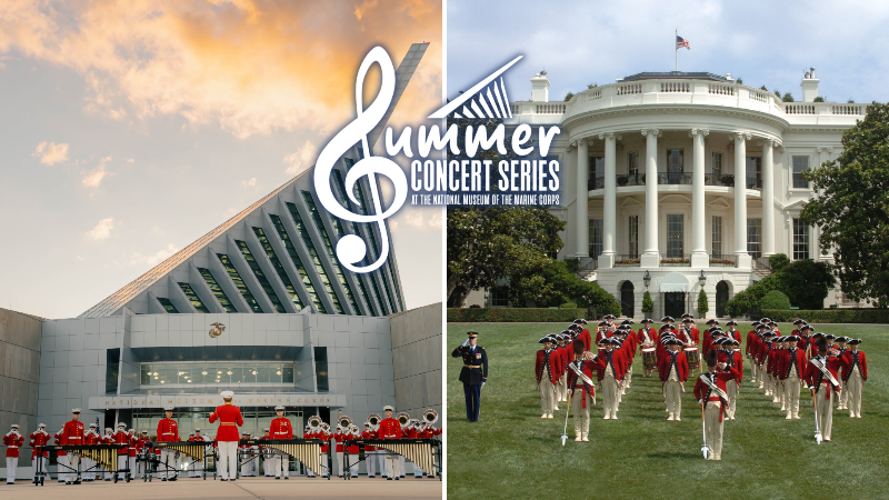 Marine Corps Summer Concert This is a photo of the Marine Corps Museum and the U.S. military members playing their instruments on the White House lawn.